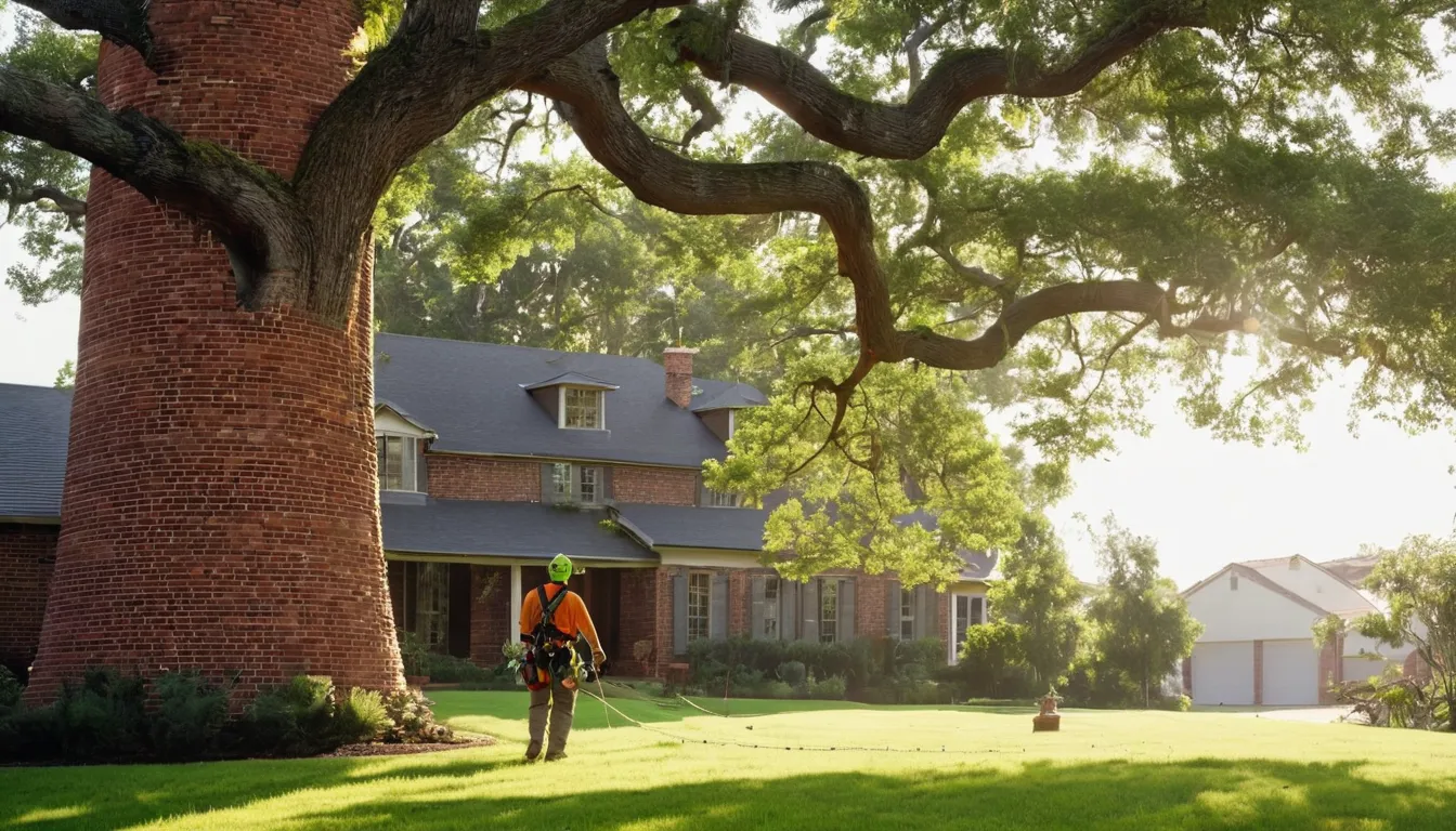 A tree removal provider working on a large backyard tree near a brick ranch home in Grand Prairie